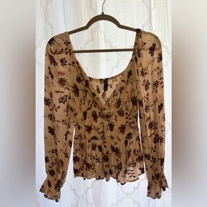Alya Floral Long Sleeve Blouse - Cream and Brown